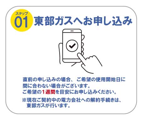 ステップ01 東部ガスへお申し込み　直前の申し込みの場合、ご希望の使用開始に間に合わない場合がございます。ご希望の1週間を目安にお申し込みください。※現在ご契約中の電力会社への解約手続きは、東部ガスが行います。