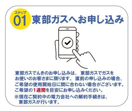 ステップ01　東部ガスへお申し込み　東部ガスでんきのお申し込みは、東部ガスでガスをお使いのお客さまに限ります。直前の申し込みの場合、ご希望の使用開始日に間に合わない場合がございます。ご希望の1週間を目安にお申し込みください。※現在ご契約中の電力会社への解約手続きは、東部ガスが行います。